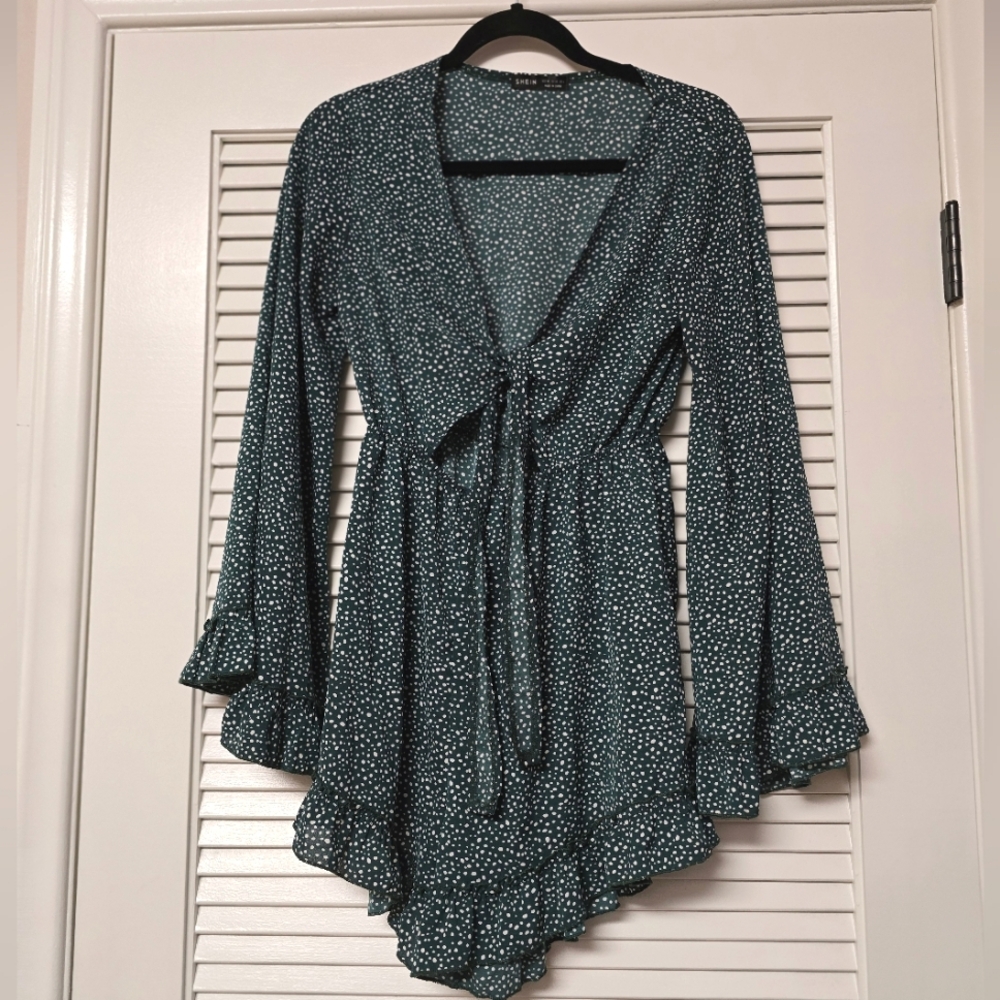 SHEIN - Green & White Polka-Dot Long-Sleeve Lightweight Ruffle Trim Tie Romper